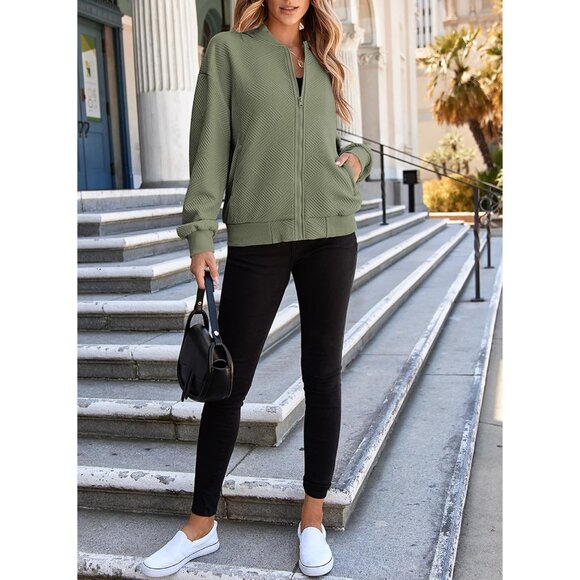 Women's Bomber Jacket Lightweight Casual Fall Coat Zip Up Pockets - Picture 8 of 8